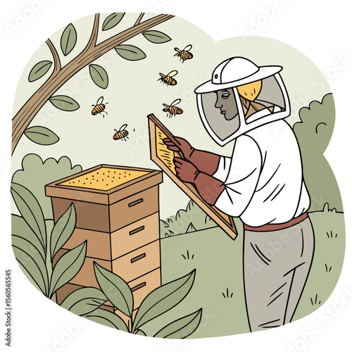 Beekeeper in protective suit tending to beehive with bees flying around in a natural setting outdoors