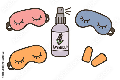 Lavender sleep set with masks and earplugs for relaxation vector icon isolated illustration