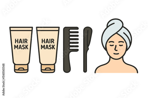 Hair care essentials: female illustration with hair mask and tools vector icon isolated illustration
