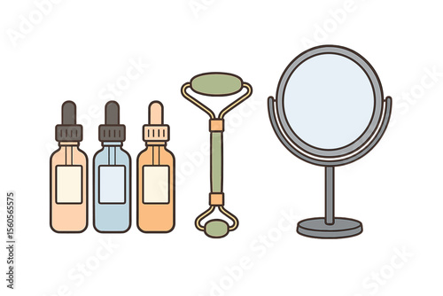 Skincare essentials with serums, jade roller, and vanity mirror vector icon isolated illustration