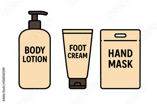 Body lotion, foot cream, hand mask icons on dark background vector icon isolated illustration