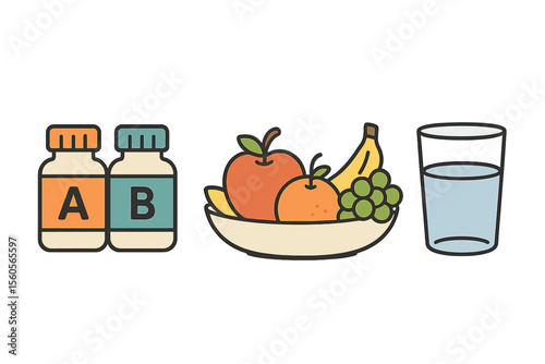 Two medicine bottles, fruit bowl, and glass of water on gradient background vector icon isolated illustration