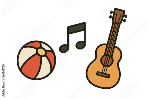 Colorful beach ball, musical note, and acoustic guitar on neutral background vector icon isolated illustration