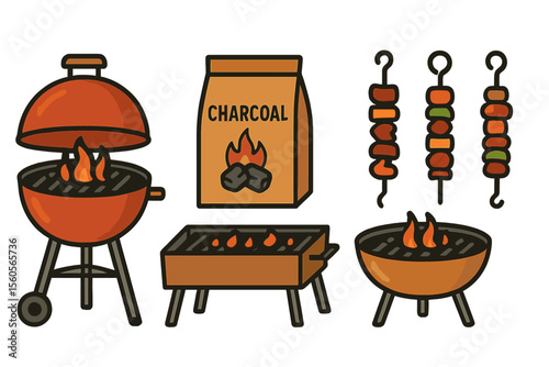 Barbecue grills and skewers with charcoal illustration vector icon isolated illustration