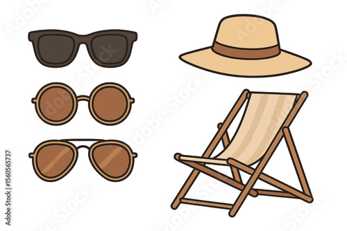 Sunglasses and hat with beach chair illustration vector icon isolated illustration