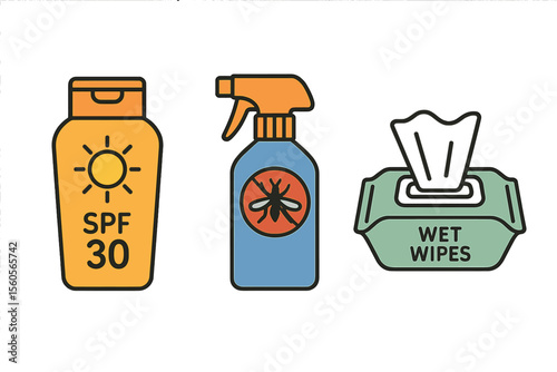 Sunscreen, insect repellent, wet wipes icon set on gradient background vector icon isolated illustration