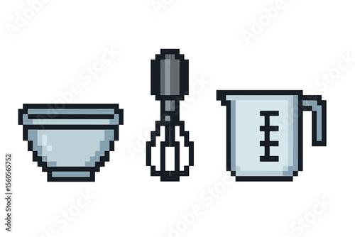 Pixel art kitchen utensils: bowl whisk and measuring cup on gray background vector icon isolated illustration