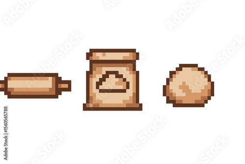 Pixel art baking icons: rolling pin, flour, dough vector icon isolated illustration