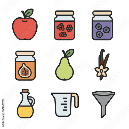 Fruit Vinegar Icons. Flat icon set of vinegar fruit infusions: apple, raspberry, blueberry, fig, pear, vanilla pod, glass vinegar