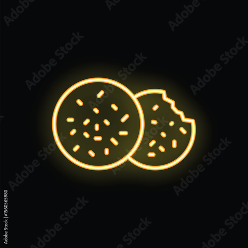 Yellow neon sign depicting two chocolate chip cookies, one with a bite taken out of it, against a black background