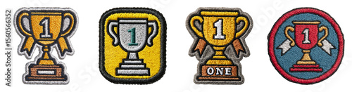 Colorful patches featuring trophies with number one, symbolizing achievement and success, perfect for back to school