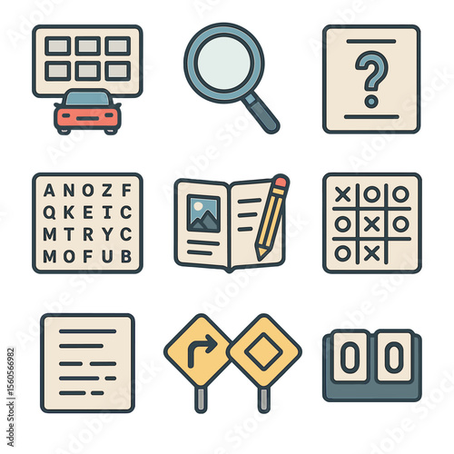 Fun Car Game Icons. Flat icon set of fun car games: license plate bingo, I Spy magnifying glass, trivia card, word search, travel