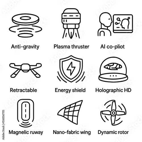 Futuristic Tech Icons. Outline icon set of futuristic flying tech: anti-gravity pad, plasma thruster, AI co-pilot interface,