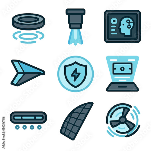 Futuristic Flying Tech Icons. Flat icon set of futuristic flying tech: anti-gravity pad, plasma thruster, AI co-pilot interface,