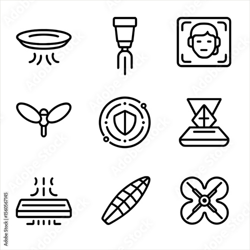 Futuristic Tech Icons. Outline icon set of futuristic flying tech: anti-gravity pad, plasma thruster, AI co-pilot interface,