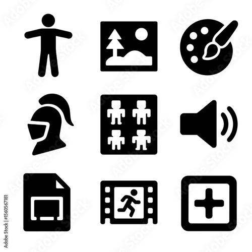 Game Asset Icons. Solid, filled icon set of game asset creation: character model, environment scene, texture paint, concept art,