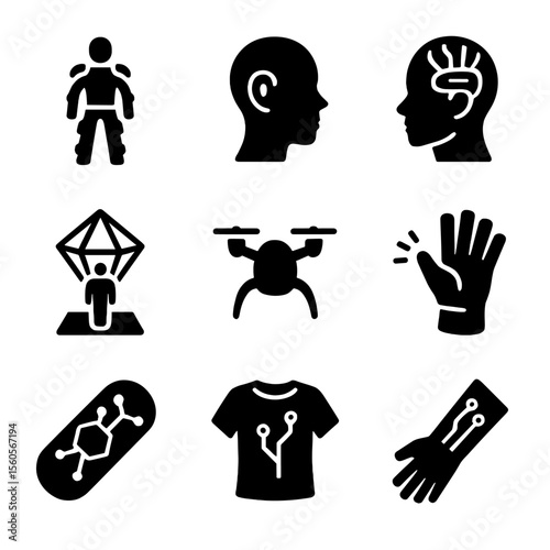 Futuristic Wearable Icons. Solid, filled icon set of futuristic wearable concepts: exoskeleton suit, bio-sensor implant, neural