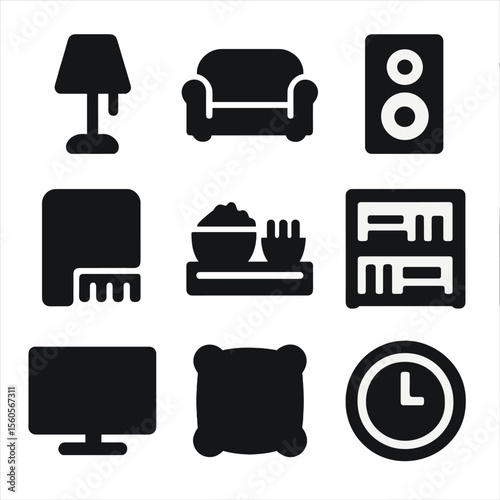 Game Night Icons. Solid, filled icon set of game night accessories: table lamp, cozy couch, speaker, blanket, snack tray, game