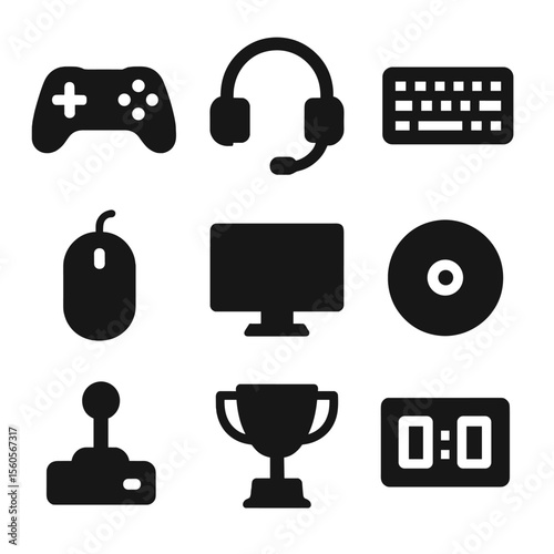 Gaming Icons Grid. Solid, filled icon set of gaming session essentials: game controller, headset, keyboard, mouse, monitor, game