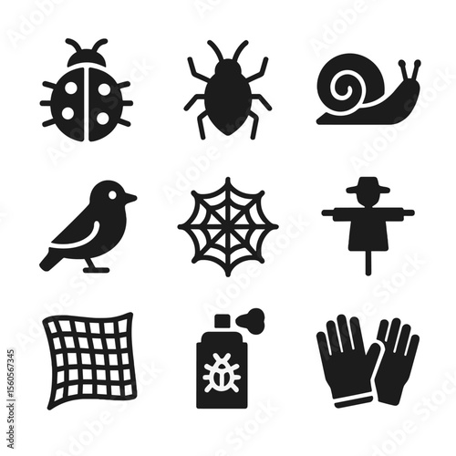 Garden Pest Icons. Solid, filled icon set of garden pests and protection: ladybug, aphid, snail, bird, spider web, scarecrow,