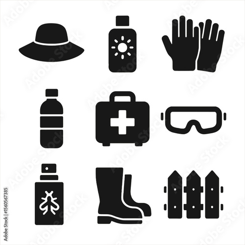 Garden Safety Icons. Solid, filled icon set of garden safety: sun hat, sunscreen, gloves, water bottle, first aid kit, safety