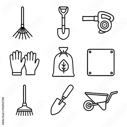 Garden Tool Icons. Outline icon set of raking tools: leaf rake, garden shovel, leaf blower, wheelbarrow, garden gloves, leaf bag,