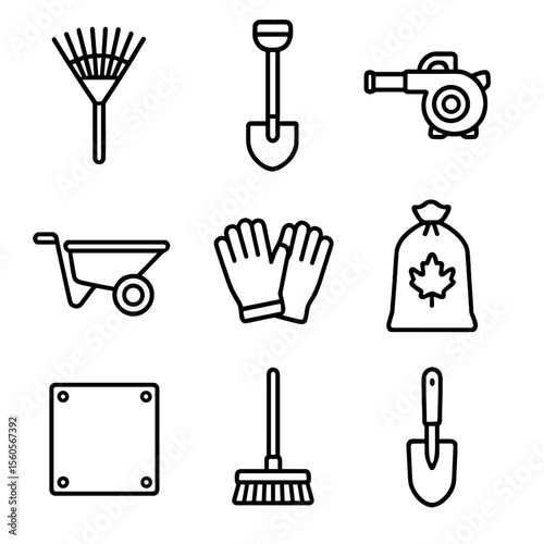 Garden Tool Icons. Outline icon set of raking tools: leaf rake, garden shovel, leaf blower, wheelbarrow, garden gloves, leaf bag,