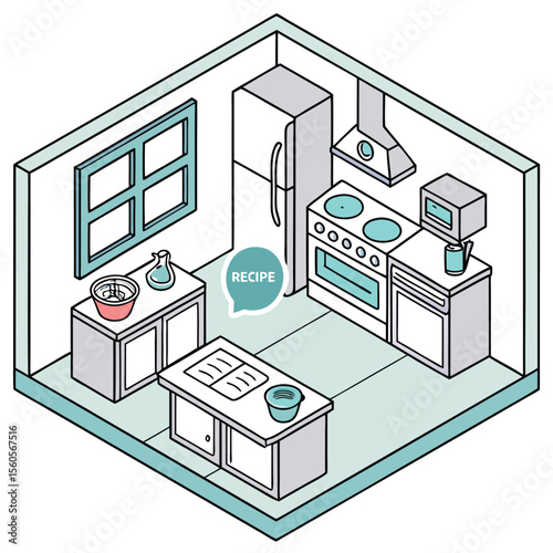 Isometric kitchen interior design featuring appliances and cooking utensils in a compact space view