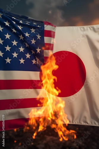 American flag and Japan flag with fire burning. USA finance, government, and economics concept. Trade war. Tax and tariff concept