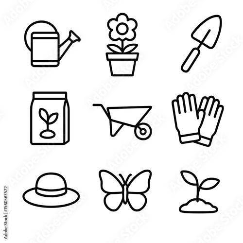 Gardening Icon Set. Outline icon set of gardening fun: watering can, flower pot, trowel, seed packet, wheelbarrow, garden gloves,