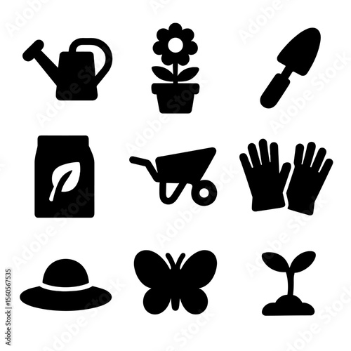 Gardening Icon Set. Solid, Filled icon set of gardening fun: watering can, flower pot, trowel, seed packet, wheelbarrow, garden