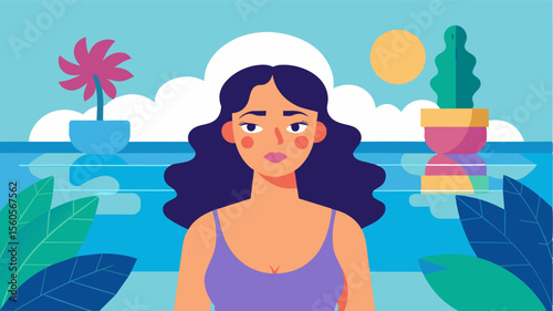 A woman avoiding social situations where her perceived imperfections might be exposed such as pool parties or beach trips.. Vector illustration