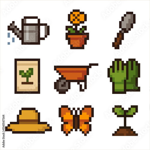 Gardening Pixel Icons. Pixel art icon set of gardening fun: watering can, flower pot, trowel, seed packet, wheelbarrow, garden