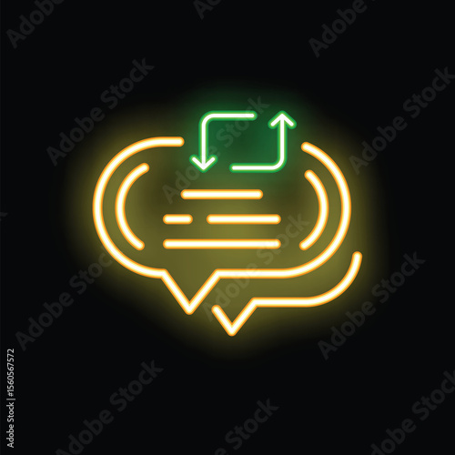 Glowing neon icon of a speech bubble with retweet symbol, symbolizing online communication and content sharing