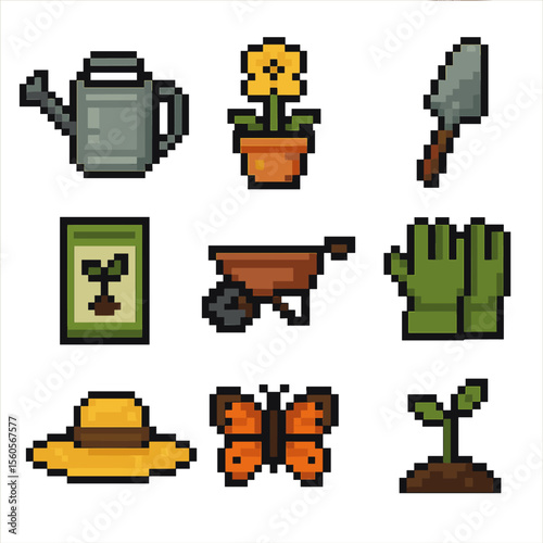Gardening Pixel Icons. Pixel art icon set of gardening fun: watering can, flower pot, trowel, seed packet, wheelbarrow, garden