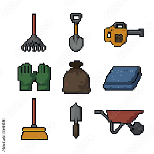 Gardening Tools Icons. Pixel art icon set of raking tools: leaf rake, garden shovel, leaf blower, wheelbarrow, garden gloves, leaf