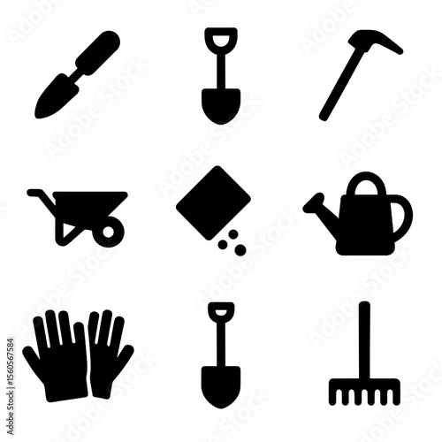 Gardening Tools Icons. Solid, filled icon set of soil preparation tools: hand trowel, shovel, hoe, wheelbarrow, seed spreader,