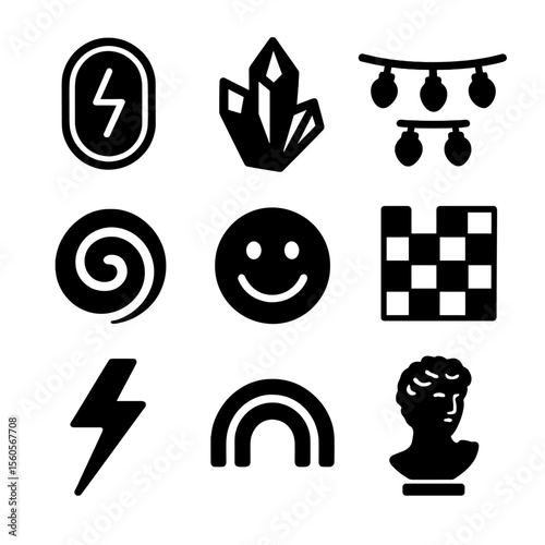 Gen Z Icon Grid. Solid, filled icon set of Gen Z & Millennial aesthetics: neon sign, crystal, fairy lights, pastel swirl, smiley