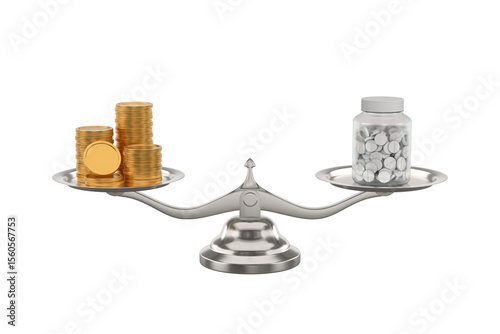 Medicaments and money on scale. Isolated 3D illustration on white background