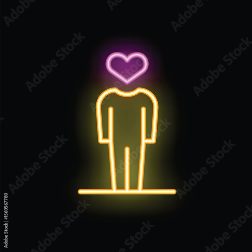 Neon sign representing a person standing with a heart shape instead of their head, symbolizing love and romance