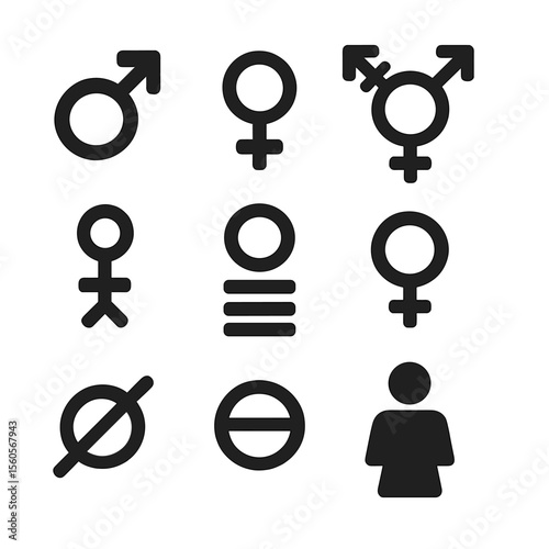 Gender Symbols Grid. Solid, filled icon set of gender symbols: male symbol, female symbol, transgender symbol, non-binary symbol,