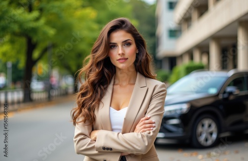 Confident young woman with long wavy hair standing outdoors on a city street