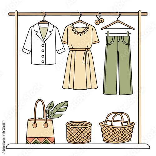 Illustration of a clothing rack with a white blazer, dress, pants, bag and baskets on a shelf, simple style