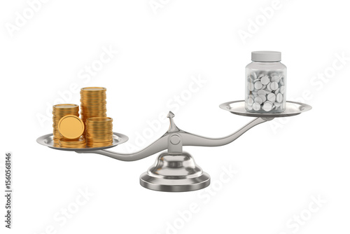 Medicaments and money on scale. Isolated 3D illustration on white background
