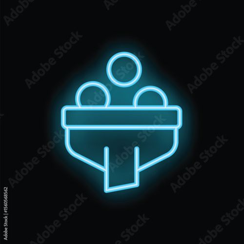Blue neon icon of funnel converting traffic represented by circles into money on black background