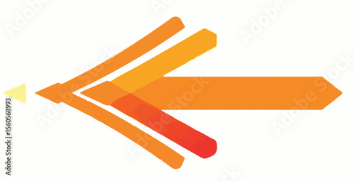 
A dynamic abstract design resembling an arrow or a fanned shape, with overlapping segments in a gradient of yellow, orange, and red, pointing to the right.