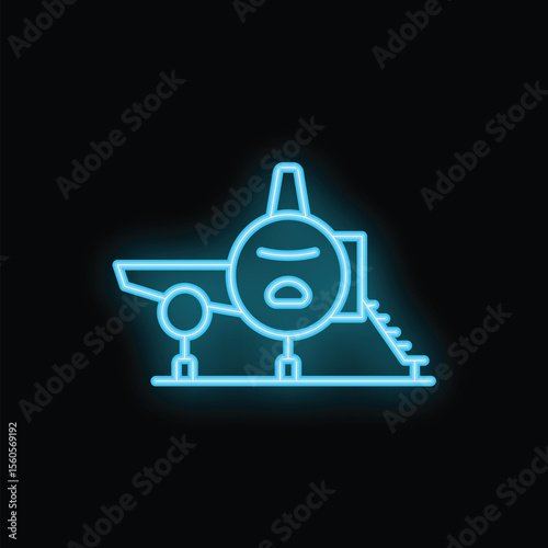 Blue neon sign depicting airplane boarding on dark background