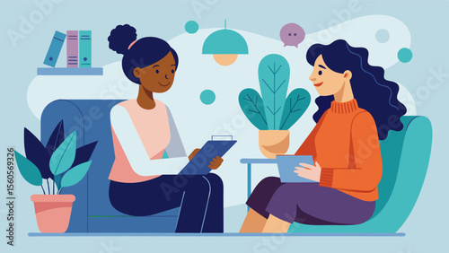 A woman attending a therapy session openly and honestly discussing her struggles in a safe and supportive environment.. Vector illustration