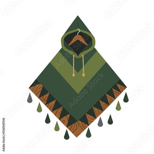 Stylized geometric poncho with hood illustration for outdoor and boho fashion designs

