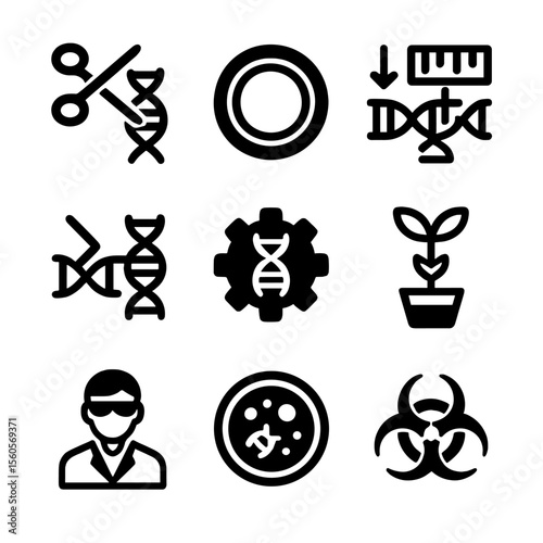 Genetic Engineering Icons. Solid, filled icon set of genetic engineering: CRISPR scissors, plasmid, gene insertion, DNA repair,